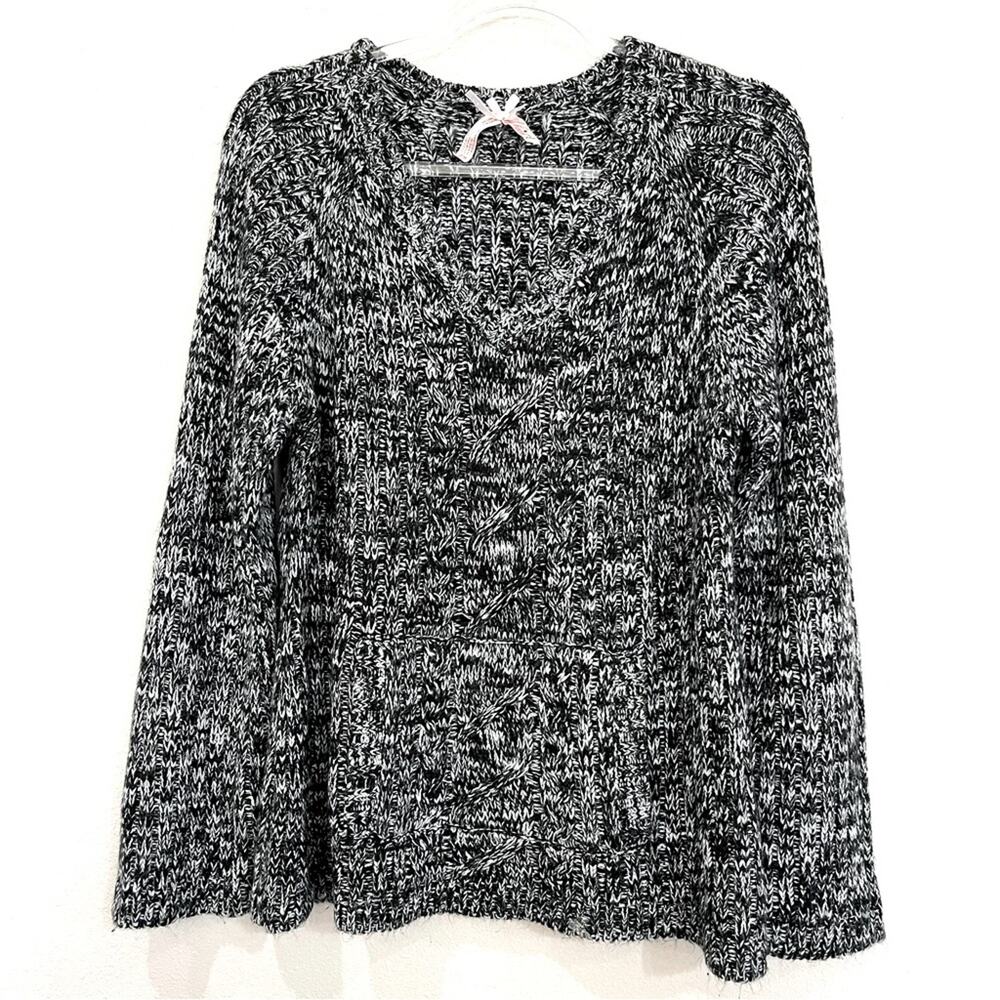 Derek Heart Plus Black White V-Neck Knit Pullover Sweater w/ Kangaroo Pocket 2X
